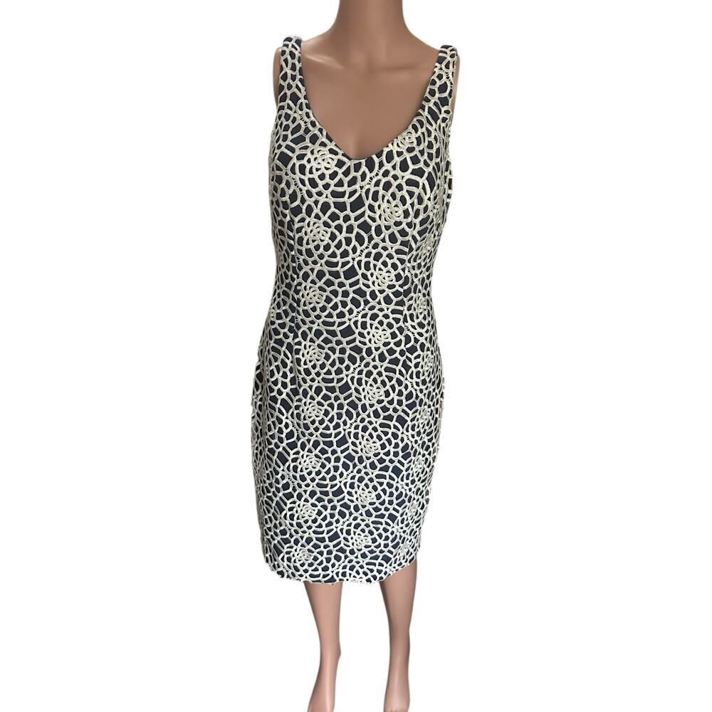 Ralph Lauren Navy & Ivory Crochet Lace Sheath Dress Sz-4 –Sleeveless Knee-Length